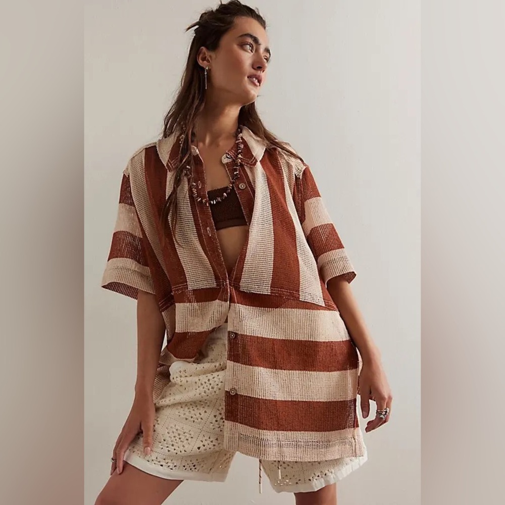 NWOT We The Free Del Mar Cabana Shirt in Brown Combo - Picture 2 of 11